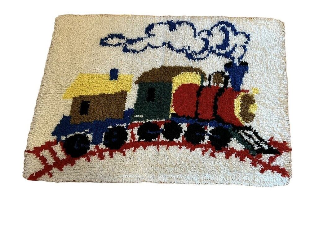 VTG Handmade 1970s Latch Hook Rug Train Engine Caboose Colorful Kids Nursery